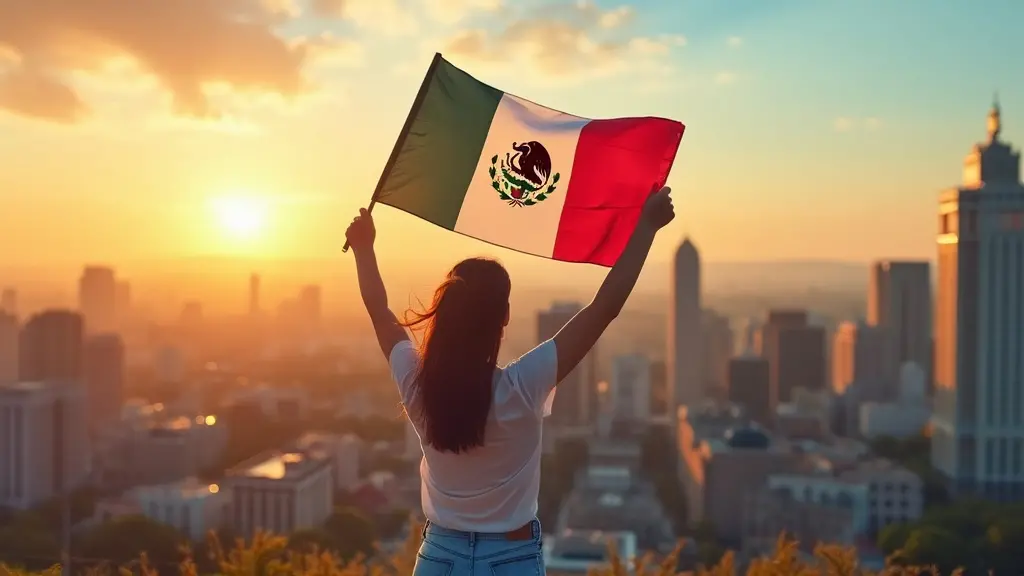 ¿Cuáles son los requisitos necesarios para una visa de trabajo en México? 9 Una persona que sostiene visa estampada en una de las páginas, de pie frente a una bandera mexicana, con un fondo borroso de un edificio gubernamental, que simboliza la aprobación y emisión de una visa de trabajo en México