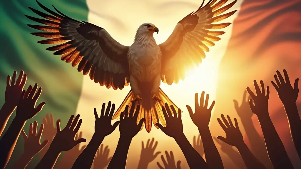 Águila que se eleva sobre un grupo diverso de personas tomadas de la mano, bandera mexicana en el fondo, luz del sol que se proyecta sobre los ciudadanos, simbolizando la libertad, la unidad y los derechos de los ciudadanos naturalizados en México