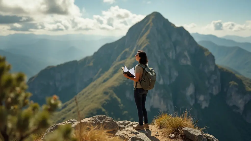 Una persona de pie en la base de una montaña, con pasaporte y documentos, mirando hacia la cima con una expresión decidida, simbolizando los desafíos en el proceso de solicitud de naturalización mexicana