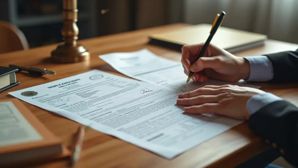 ¿Qué es la Apostilla de un Documento? 6 Las manos de una persona colocando documentos oficiales sobre una mesa de madera, incluyendo un certificado de nacimiento, un expediente académico y un contrato firmado. Un sello de sello y una almohadilla de tinta cerca, listos para la certificación de apostilla. La iluminación suave y profesional ilumina la escena