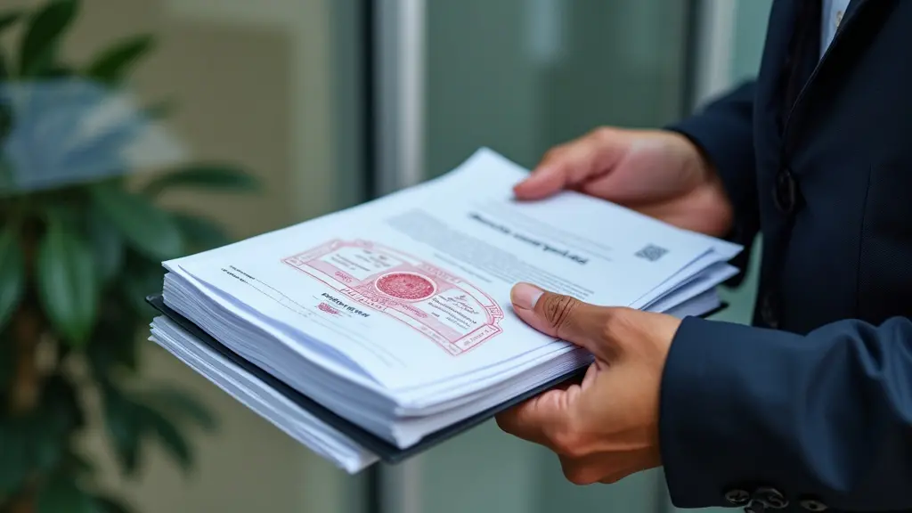 ¿Qué es la Apostilla de un Documento? 3 La mano de una persona sosteniendo una pila de documentos oficiales, con un primer plano de un sello de certificado de Apostilla en relieve en el documento superior, sobre un fondo borroso de una oficina gubernamental