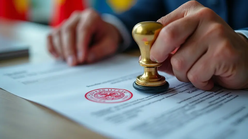 ¿Qué es la Apostilla de un Documento? 1 Un primer plano de manos sellando un documento oficial con un sello de apostilla, sobre un fondo borroso de banderas internacionales, que simboliza el reconocimiento mundial del proceso de apostilla.