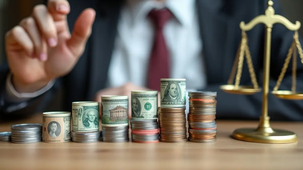 Una imagen que muestra a una persona contemplando múltiples estructuras de tarifas representadas por varias pilas de monedas y billetes, con un martillo y una balanza de justicia en el fondo, que simboliza el proceso de comprender y elegir al abogado de inmigración adecuado en México