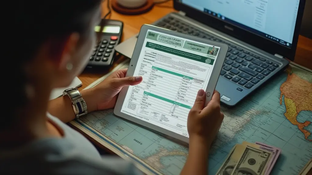 ¿Cuáles son los requisitos necesarios para una visa de trabajo en México? 7 Una persona en un escritorio con una computadora portátil, una calculadora y montones de dólares, foco en un formulario de solicitud de visa mexicana, en el fondo enfoque suave en un mapa mundial, iluminación cálida, primer plano.