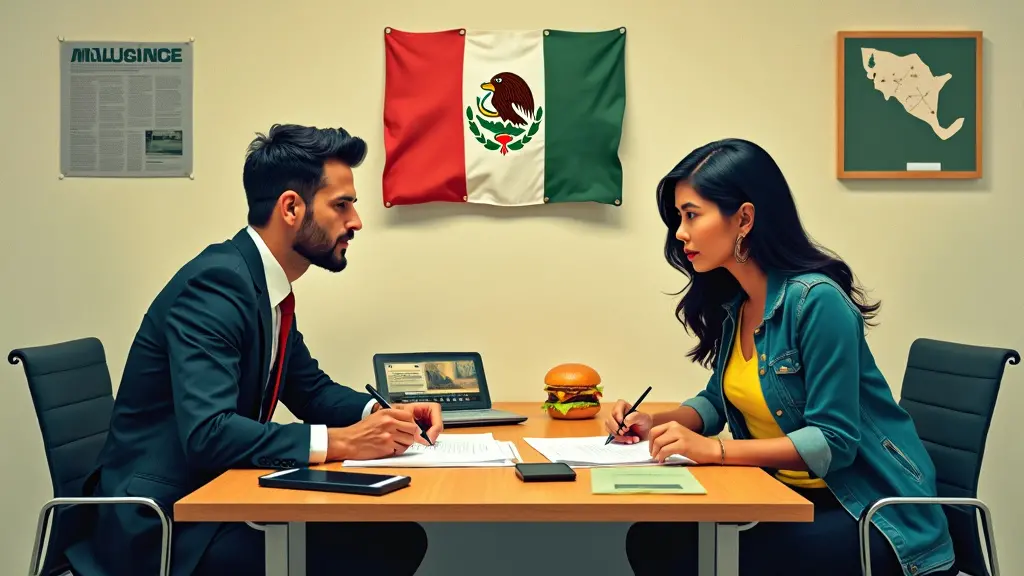 Una persona de traje con una persona de ropa informal, sentada en una mesa, discutiendo un documento. Están rodeados de símbolos de comunicación: un teléfono, una computadora y bocadillos. El fondo es un mapa de México