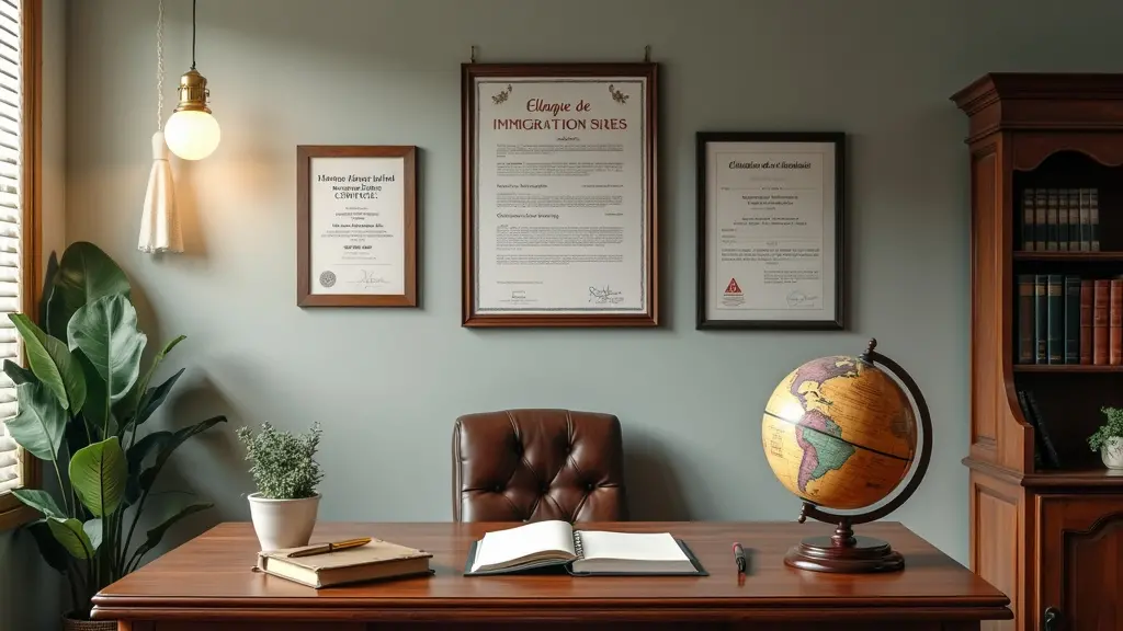 Un despacho de abogado con estanterías, un escritorio con un globo terráqueo y certificados enmarcados en la pared, que simbolizan la experiencia y la pericia en la ley de inmigración