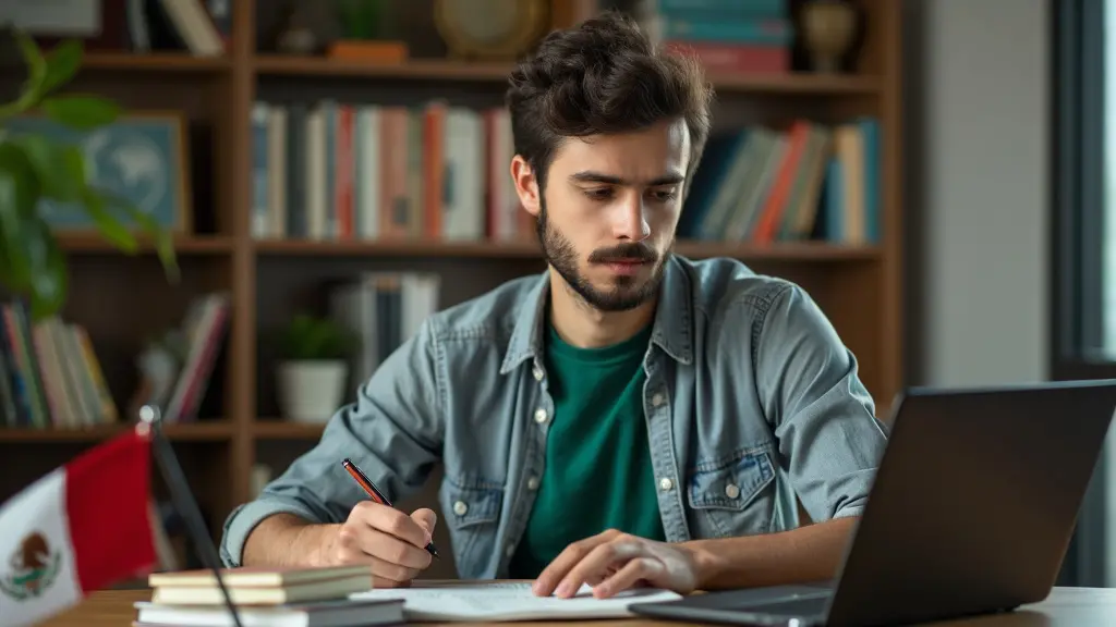 Una hombre estudiando en un escritorio con una computadora portátil, libros y una pequeña bandera mexicana, rodeada símbolos mexicanos