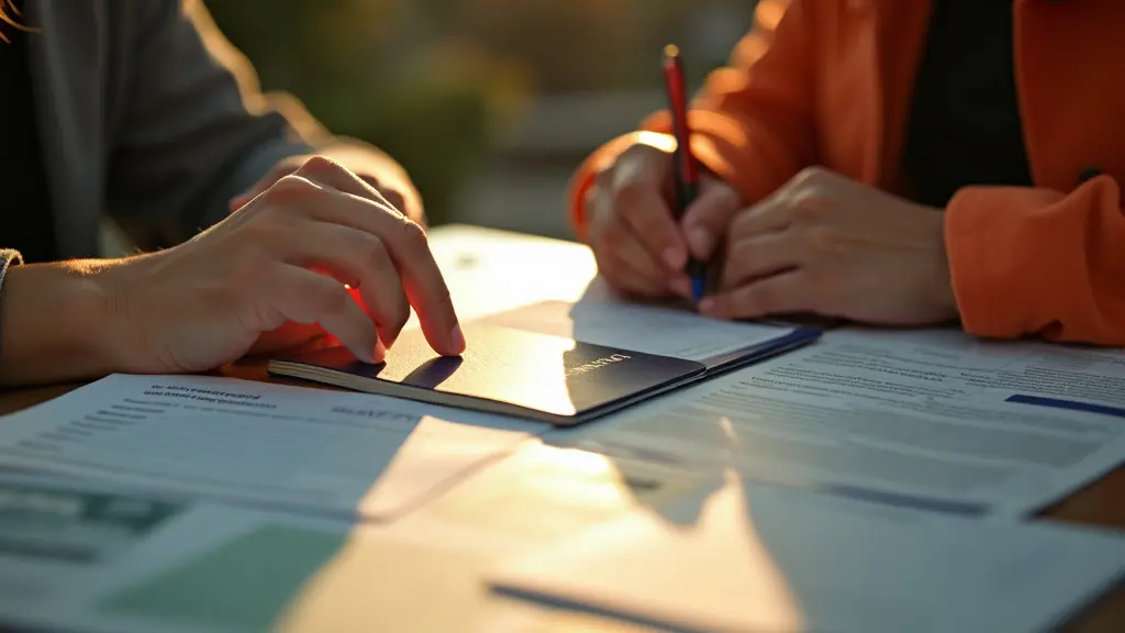 ¿Cuáles son los requisitos necesarios para una visa de trabajo en México? 3 Las manos de una persona colocando varios documentos sobre una mesa, incluido un pasaporte francés, formularios de solicitud y prueba de empleo, sobre un fondo cálido e iluminado por el sol que refleja la cultura mexicana