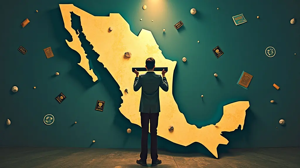 Una persona de traje, sosteniendo un mazo, de pie frente a un gran mapa de México. Símbolos que representan la ley de inmigración (por ejemplo, pasaportes, visas) flotando a su alrededor. Un foco desde arriba que ilumina a la persona, enfatizando su experiencia