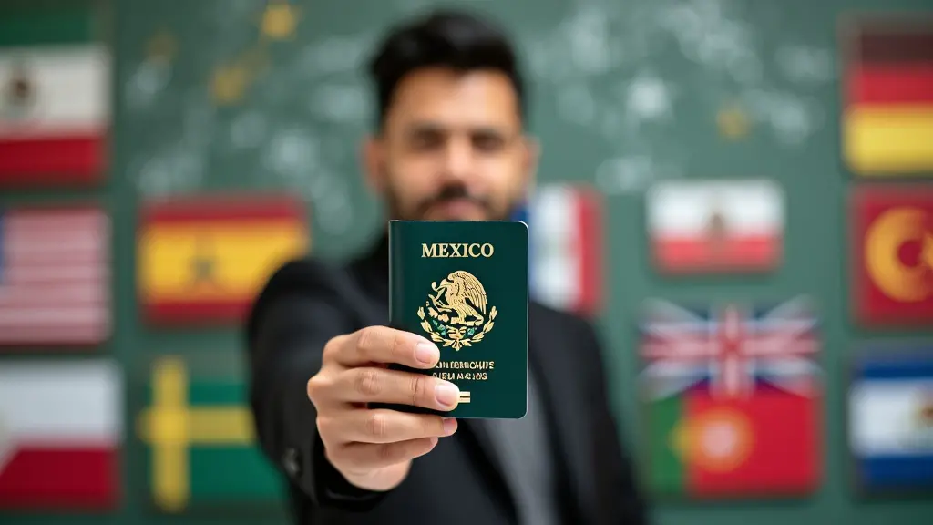 Una persona con pasaporte mexicano de pie frente a un fondo dividido entre las banderas de México y banderas de otros países, que simboliza la doble nacionalidad y la conexión con ambos países
