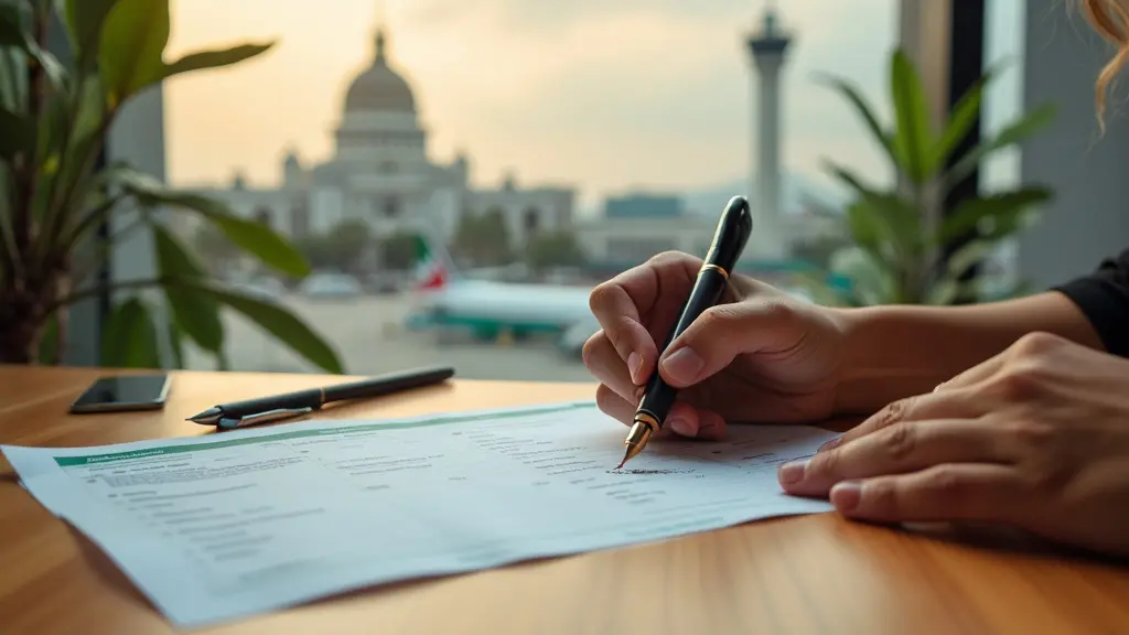¿Cuáles son los requisitos necesarios para una visa de trabajo en México? 5 las manos de una persona sosteniendo un formulario de solicitud de visa mexicana, con un bolígrafo y una pequeña bandera mexicana cerca, sobre un fondo de mesa de madera. Incluir una vista borrosa de un aeropuerto o edificio gubernamental en el fondo