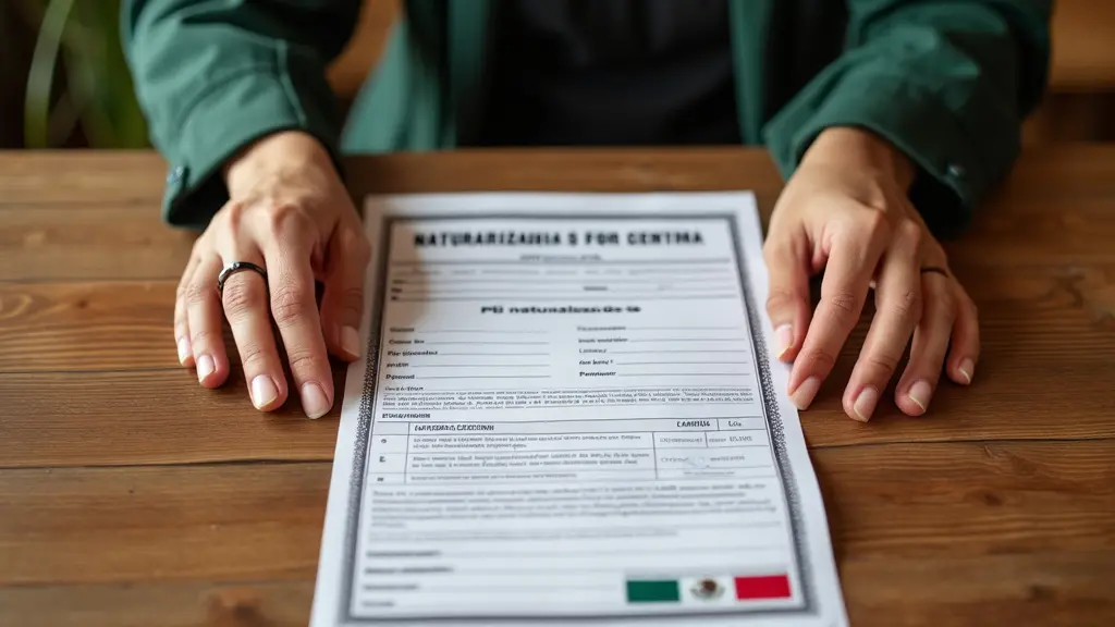 Las manos de una persona sosteniendo un formulario de solicitud DNN-3 de naturalización completado, listo para ser presentado, con una bandera mexicana, dispuestos sobre una mesa de madera, que simbolizan el viaje a la ciudadanía. Estilo fotográfico de Luis Márquez