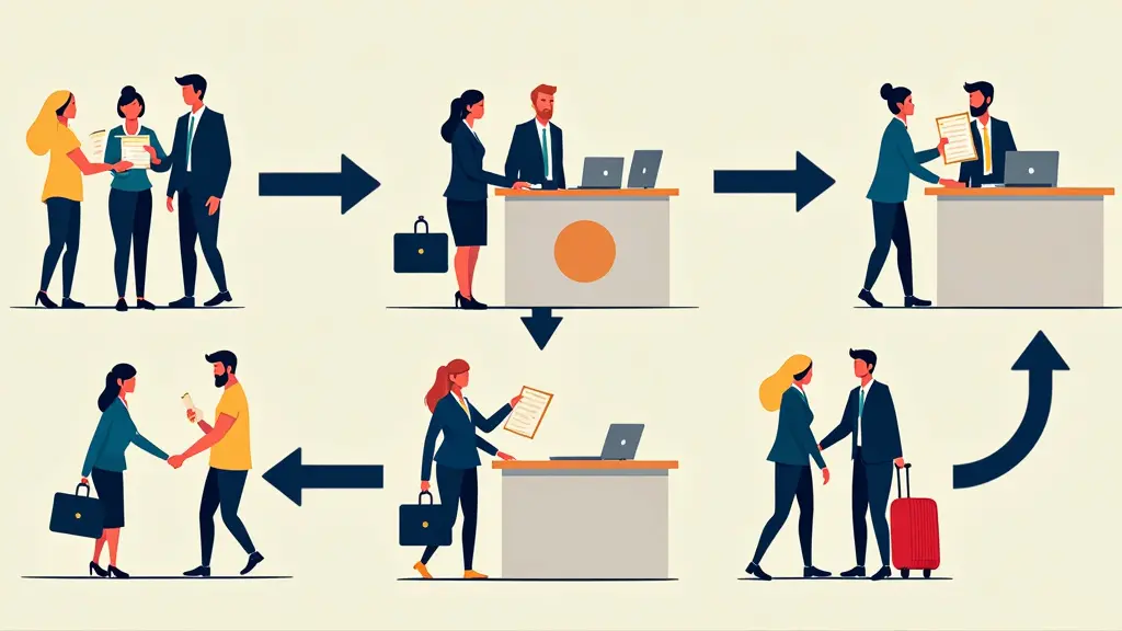 ¿Qué es la Apostilla de un Documento? 5 una imagen que representa el proceso de la Apostilla paso a paso: una persona reuniendo documentos, presentándolos a las autoridades, recibiendo el sello de la Apostilla y, finalmente, utilizando los documentos en un país extranjero, todo ello sin texto ni palabras en la imagen