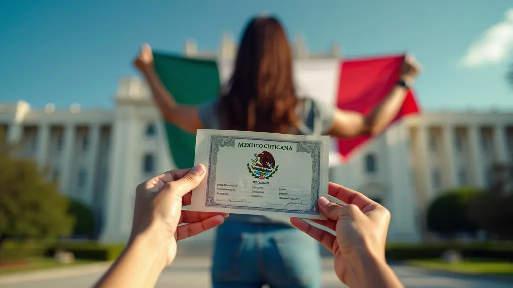 ¿Qué es la naturalización mexicana? 1 Una imagen de una persona sosteniendo una bandera mexicana, de pie frente a un edificio gubernamental, con un primer plano de sus manos sosteniendo un certificado de ciudadanía y un pasaporte, que simboliza el proceso de naturalización en México