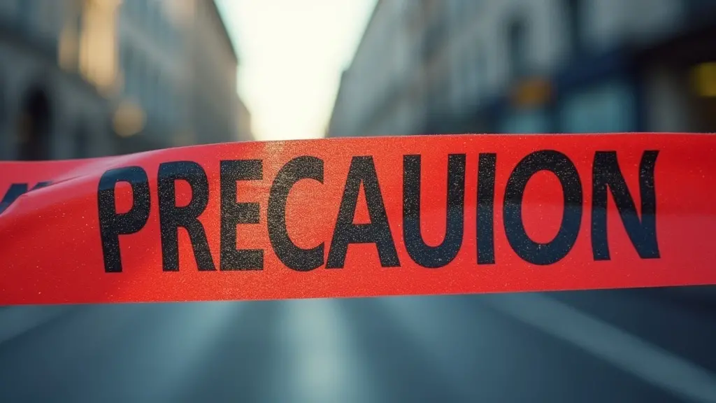 Cielo oscuro y tormentoso, persona en sombra con maletín, que se cierne sobre una familia angustiada, puente roto, cinta de precaución, señales de advertencia de neón, atmósfera siniestra, sin texto