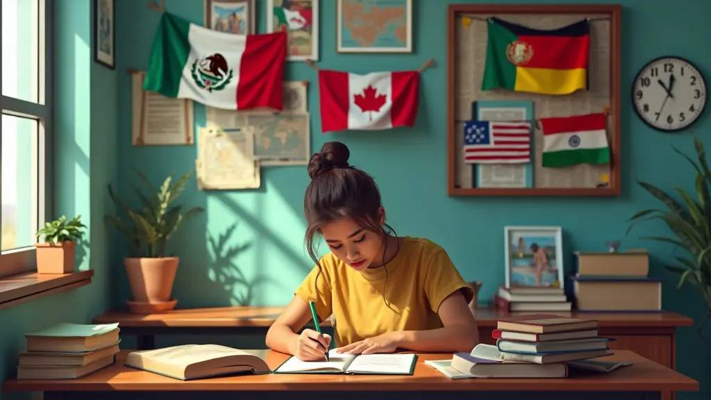 Crea una imagen que represente a una persona estudiando un Certificado de Naturalización mexicana, rodeada de recursos de apoyo: libros de texto, una computadora con sitios web educativos, un tutor que los guía y una pared adornada con banderas de varios países, que simbolizan la unidad y la diversidad global