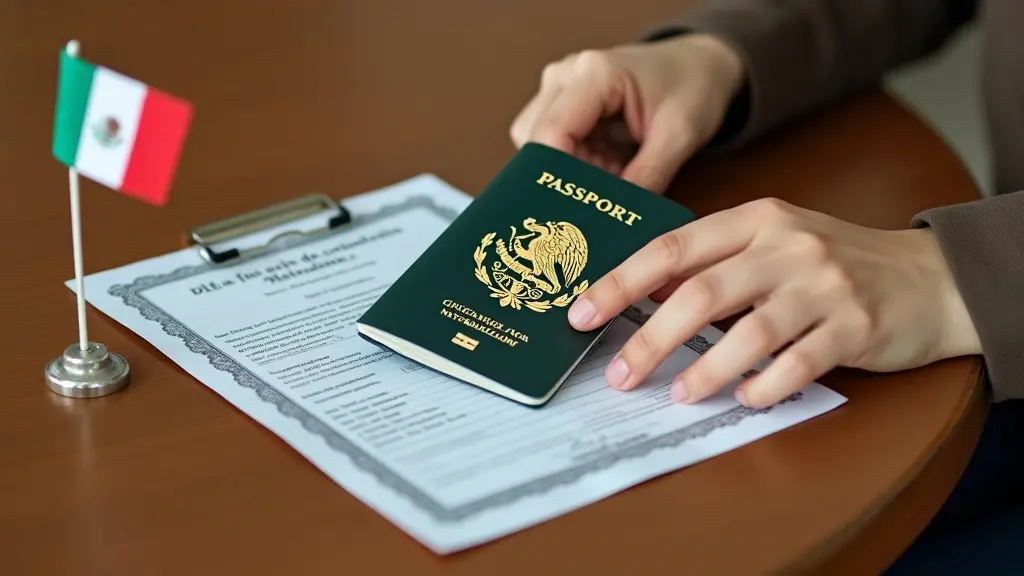 ¿Qué es la naturalización mexicana? 3 La mano de una persona que sostiene un pasaporte mexicano, con una tarjeta verde y un certificado de naturalización sobre una mesa, junto a una pequeña bandera mexicana, que simboliza los requisitos para la naturalización mexicana