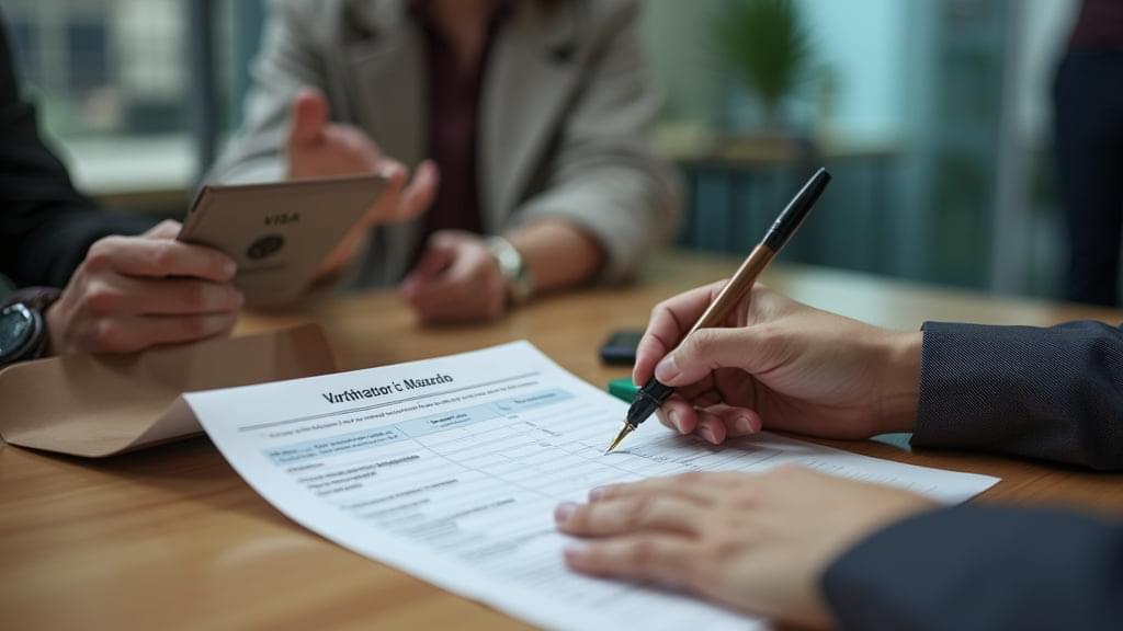 ¿Cuáles son los requisitos necesarios para una visa de trabajo en México? 2 una persona con pasaporte coreano y formulario de solicitud de visa, de pie frente a una oficina gubernamental. Incluya una lista de verificación, un bolígrafo y documentos de aspecto oficial en una mesa, que simbolicen los requisitos previos de la solicitud para una visa de trabajo mexicana