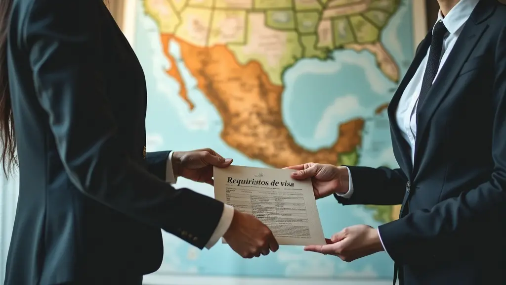 ¿Cuáles son los requisitos necesarios para una visa de trabajo en México? 4 Una persona vestida de negocios entregando una carpeta con la etiqueta "Requisitos de visa" a otra, frente a un gran mapa de México. Ambas figuras son anónimas, centrándose en el intercambio. El fondo es un entorno de oficina luminoso y profesional