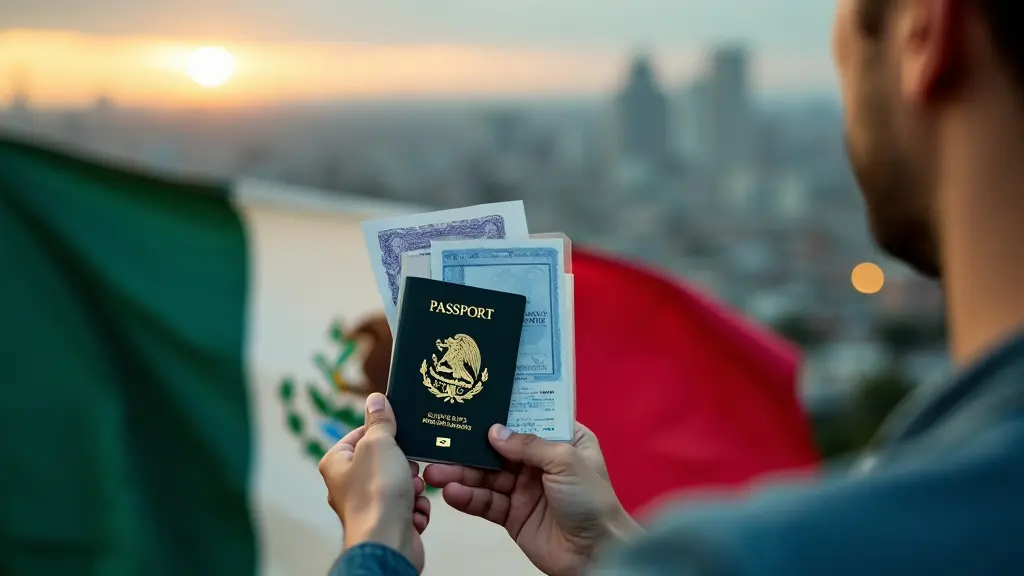 ¿Cuáles son los requisitos necesarios para una visa de trabajo en México? 10 Una persona de pie frente a una bandera mexicana, sosteniendo un pasaporte y documentos de visa, con el horizonte de la ciudad en el fondo, simbolizando su llegada a México por trabajo
