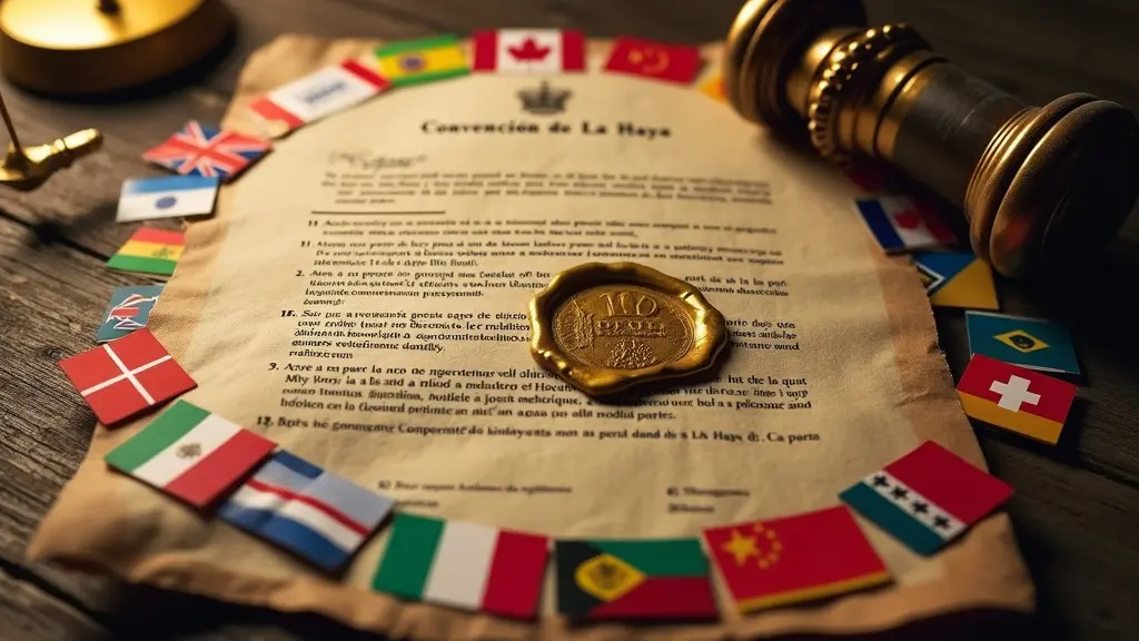 ¿Qué es la Apostilla de un Documento? 4 Un documento abierto con un sello de oro, rodeado de banderas de los países que forman parte de la Convención de La Haya. Un martillo y una balanza de justicia al fondo. No hay texto ni palabras en la imagen