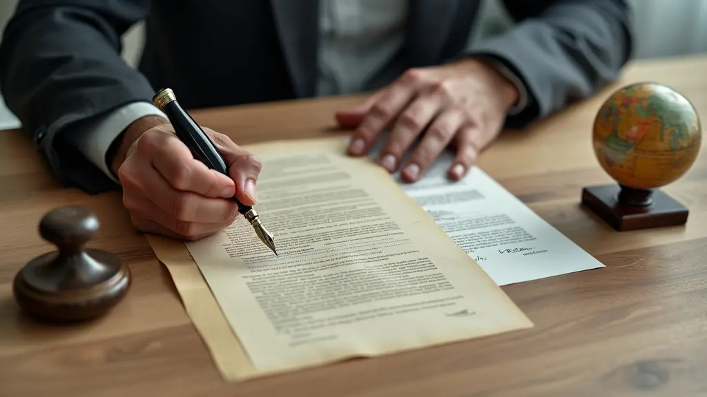 ¿Qué es la Apostilla de un Documento? 7 Una imagen que muestra un primer plano de manos intercambiando dinero y documentos sellados con una apostilla, colocada sobre una superficie de madera con un globo terráqueo y un bolígrafo en el fondo, que simboliza la autenticación de documentos internacionales