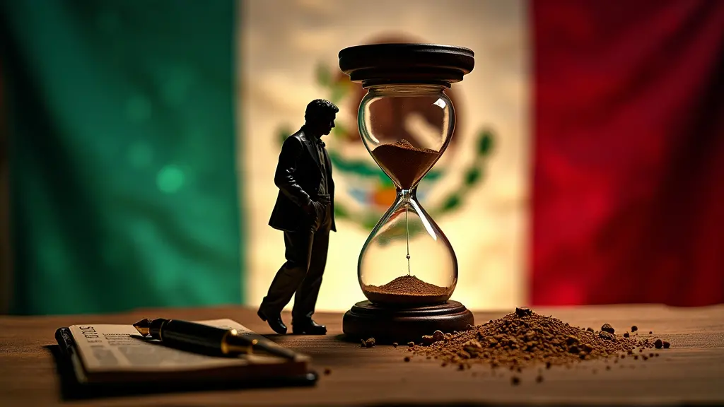 Figura sombría que sostiene un reloj de arena, que simboliza el tiempo, frente a un fondo de bandera mexicana. Un foco ilumina una pila de documentos y un bolígrafo