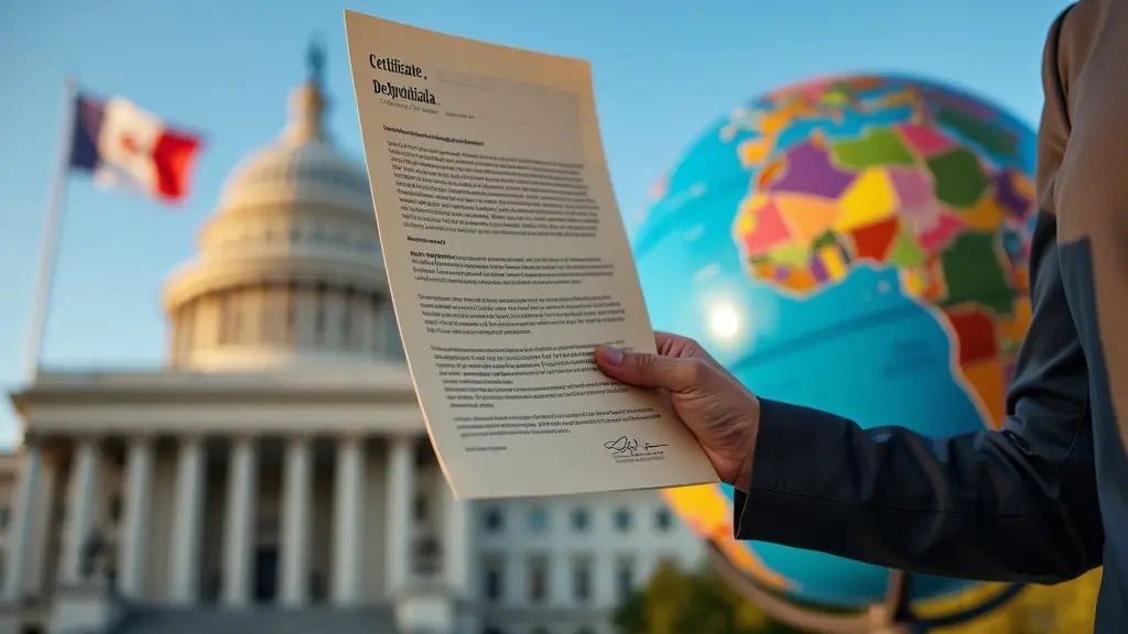 ¿Qué es la Apostilla de un Documento? 9 Una persona que sostiene un documento oficial con un certificado de apostilla, de pie frente a un edificio de un gobierno extranjero, con un globo terráqueo y banderas de diferentes países en el fondo, lo que ilustra el concepto de uso de documentos apostillados en el extranjero