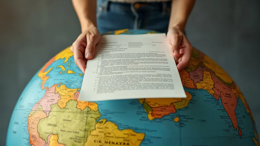 ¿Qué es la Apostilla de un Documento? 10 Una persona que sostiene un documento con un sello de apostilla dorada, de pie sobre un globo terráqueo, con ciertos países resaltados, rodeado de un reloj de arena, signos de interrogación y símbolos legales, bajo un foco