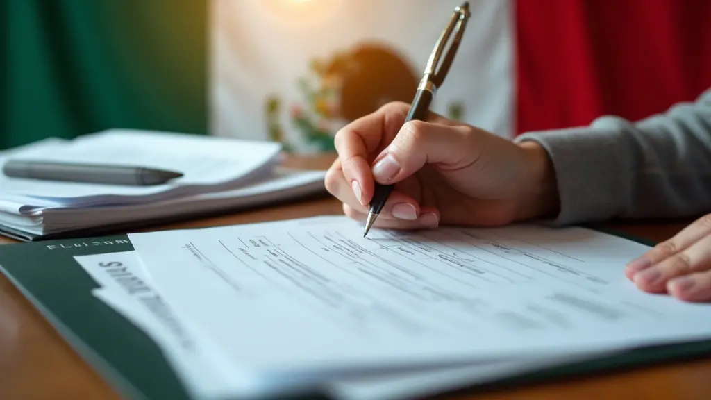 Una persona examinando cuidadosamente documentos y certificados oficiales sobre un escritorio, lupa en mano, simbolizando la verificación minuciosa de las credenciales de un abogado de inmigración, sobre un fondo de la bandera mexicana