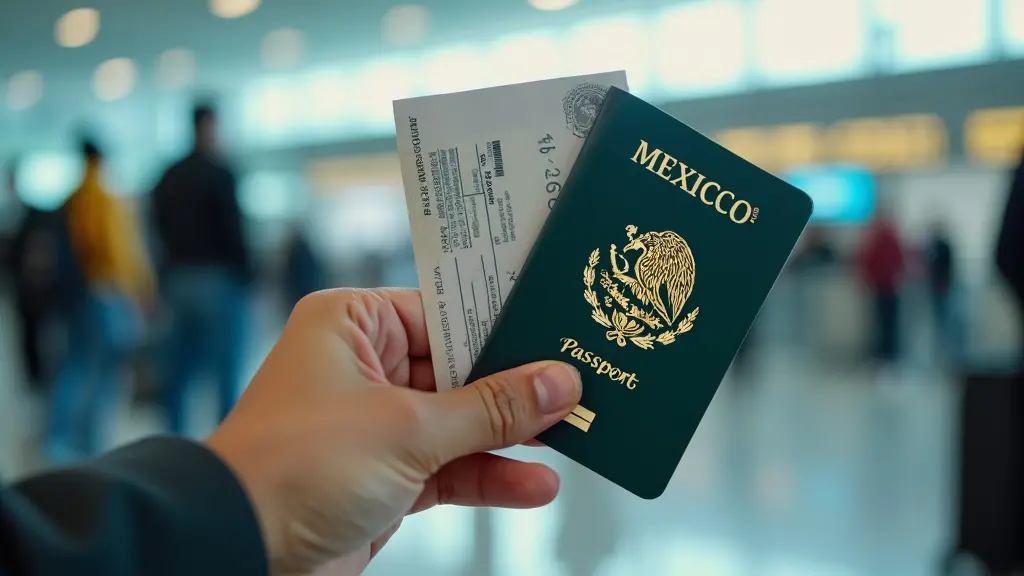 La mano de una persona sosteniendo un pasaporte mexicano, con una tarjeta de embarque, contra el fondo de la puerta de embarque de un aeropuerto, simbolizando los beneficios de viaje de la naturalización.