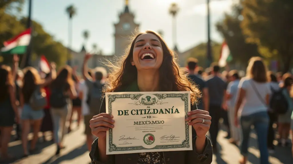Una persona con un certificado de ciudadanía mexicano, sonriente, con diversas personas en el fondo, celebrando. Los símbolos de México, como la bandera y el ángel de la independencia se incluyen sutilmente en el paisaje, reflejando el camino hacia la ciudadanía mexicana, fotorrealista