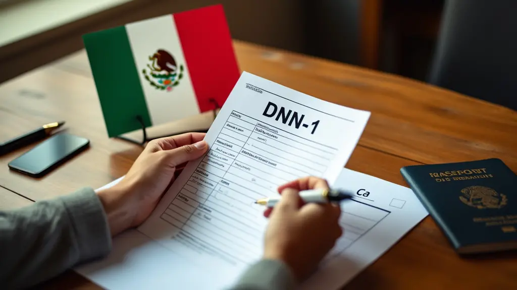 Certificado de Nacionalidad Mexicana: Guía Paso a Paso 5 Las manos de una persona llenando el formulario DNN-1 sobre una mesa de madera, con una bandera mexicana, un bolígrafo y un pasaporte cerca, en una habitación bien iluminada con luz natural, enfocándose en los detalles del formulario