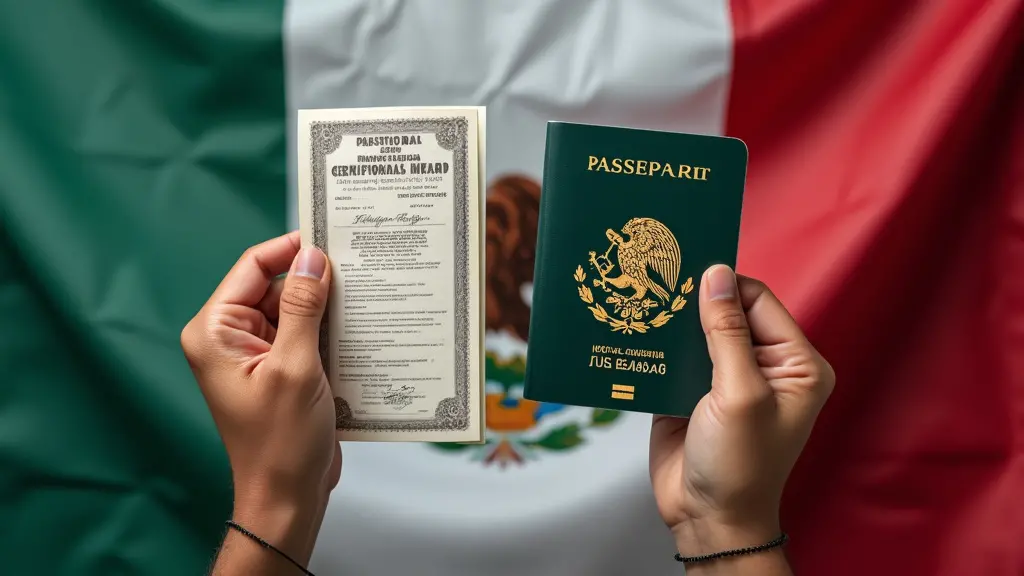 Certificado de Nacionalidad Mexicana: Guía Paso a Paso 2 Una imagen que muestra las manos de una persona sosteniendo un pasaporte mexicano y un certificado, con la bandera mexicana en el fondo, que simboliza los criterios de elegibilidad para obtener el Certificado de Nacionalidad Mexicana, fotorrealista