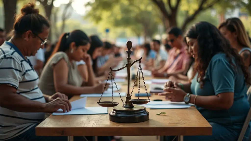 Una imagen que muestra a un grupo diverso de personas votando en las urnas en México, con un mazo y una balanza de justicia en el fondo, que simboliza los derechos de participación política obtenidos a través de la naturalización. fotorrealista