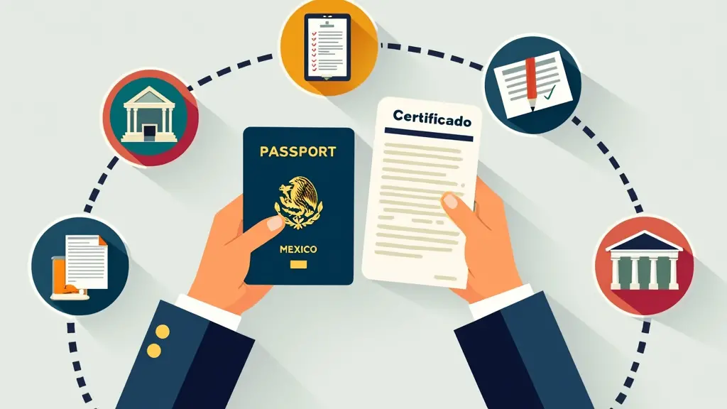 Certificado de Nacionalidad Mexicana: Guía Paso a Paso 4 Crea una imagen que muestre las manos de una persona sosteniendo un pasaporte mexicano y un certificado, rodeada de íconos que representan los pasos de la solicitud como documentos, una computadora, un edificio de oficinas y una lista de verificación, todo en colores vibrantes sobre un fondo blanco