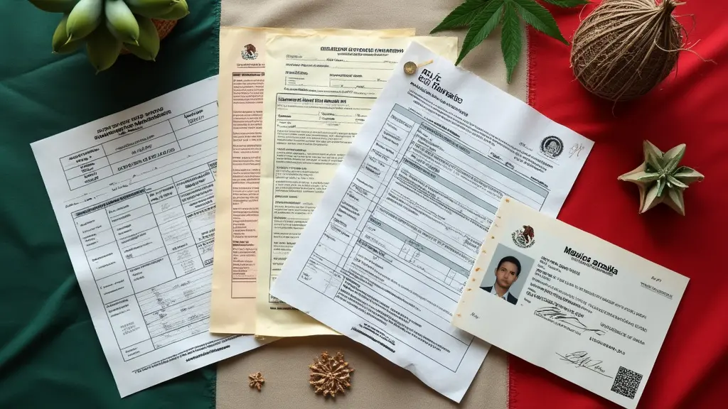 Certificado de Nacionalidad Mexicana: Guía Paso a Paso 3 Una disposición plana y ordenada de los documentos necesarios para la solicitud del certificado de nacionalidad mexicana: certificado de nacimiento, cédula de identidad, comprobante de residencia y registro familiar, sobre un fondo rústico de madera con sutiles elementos de la bandera mexicana