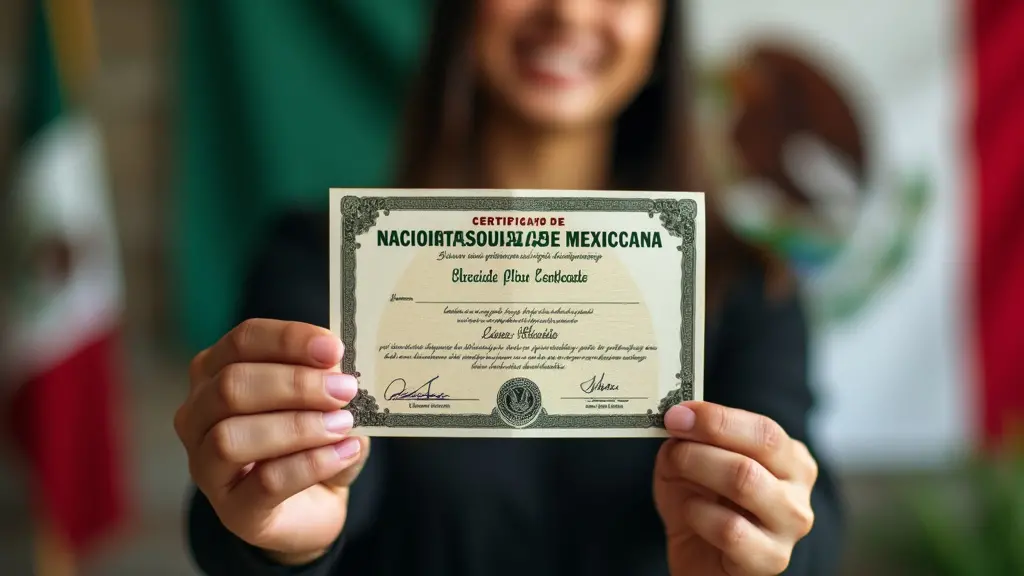 Certificado de Nacionalidad Mexicana: Guía Paso a Paso 1 Crea una imagen que represente a una persona sosteniendo con orgullo un Certificado de Nacionalidad Mexicana, con una bandera mexicana en el fondo, que simbolice su conexión con México. Incluir elementos que representen la cultura y el patrimonio mexicano