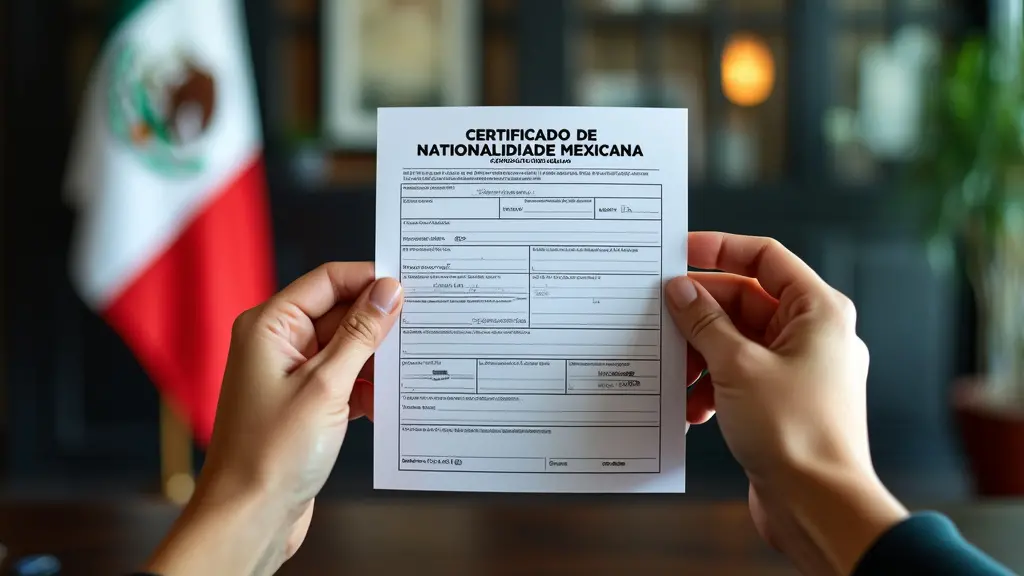 Certificado de Nacionalidad Mexicana: Guía Paso a Paso 8 Las manos de una persona sosteniendo un formulario de solicitud de Certificado de Nacionalidad Mexicana completado, colocándolo en un sobre oficial, con una bandera mexicana y el interior de la oficina de inmigración en el fondo, representado en un estilo realista y detallado