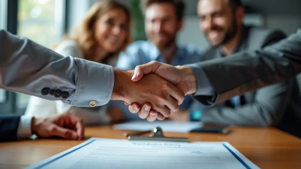 Una persona con atuendo profesional estrechando la mano de un empleador, un grupo diverso de colegas en el fondo y un certificado de naturalización sutilmente exhibido en un escritorio, simbolizando mejores oportunidades de empleo a través de la naturalización