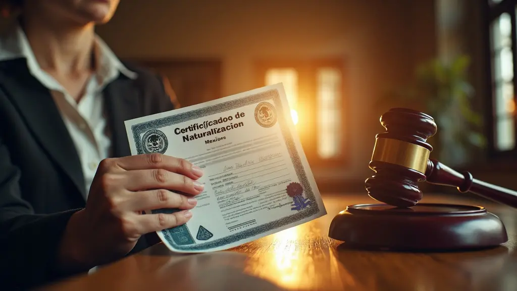 Una persona con un Certificado de Naturalización mexicana, de pie con confianza frente a un juzgado, simbolizando la protección contra la deportación, con una luz cálida y dorada que los ilumina, transmitiendo seguridad y protección. fotorrealista