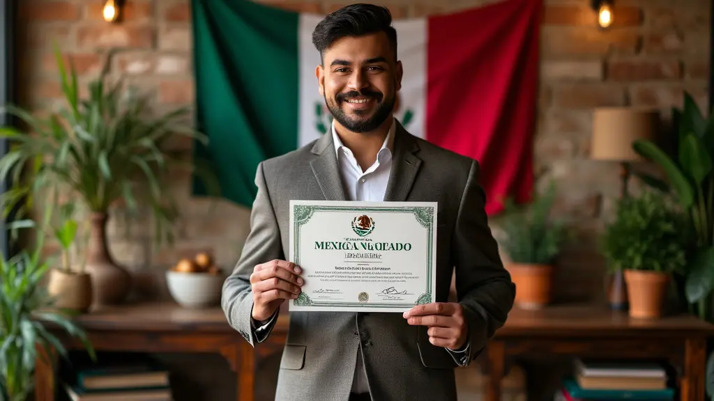 Certificado de Nacionalidad Mexicana: Guía Paso a Paso 11 Una persona con un certificado de nacionalidad mexicana, rodeada de decoraciones tradicionales mexicanas, con una bandera mexicana de fondo y un ambiente de celebración. No hay texto ni palabras en la imagen