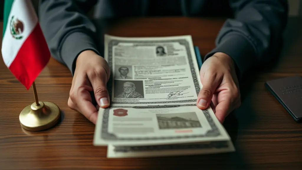 Certificado de Nacionalidad Mexicana: Guía Paso a Paso 6 Las manos de una persona sosteniendo varios documentos, incluyendo un certificado de nacimiento, una identificación y un pasaporte, sobre una mesa de madera. Una pequeña bandera mexicana cerca. Iluminación tenue. Los documentos deben ser reconocibles, pero no lo suficientemente detallados como para leerlos