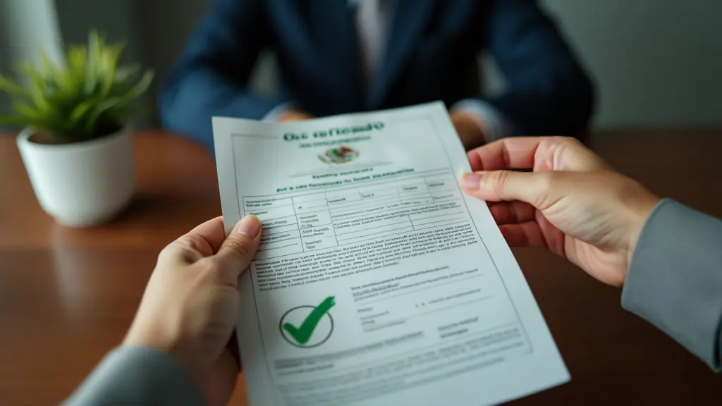 Certificado de Nacionalidad Mexicana: Guía Paso a Paso 10 Crea una imagen que represente las manos de una persona sosteniendo un certificado de nacionalidad mexicana, con un fondo borroso de un entorno de oficina, que simbolice el proceso de aprobación. Incluya una marca de verificación verde superpuesta para indicar que la revisión y aprobación de la solicitud se ha realizado correctamente