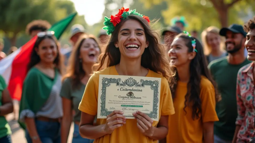 Una persona con un certificado de ciudadanía mexicana, rodeada de un grupo diverso de personas, todas sonriendo y celebrando juntas en un parque, con una bandera mexicana de fondo y decoraciones coloridas. fotorrealista