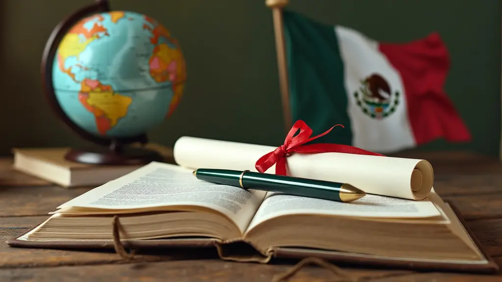 Un libro abierto con un diploma y un lápiz sobre un escritorio, un globo terráqueo en el fondo y una bandera de México, simbolizando las oportunidades educativas a través de la naturalización. fotorrealista