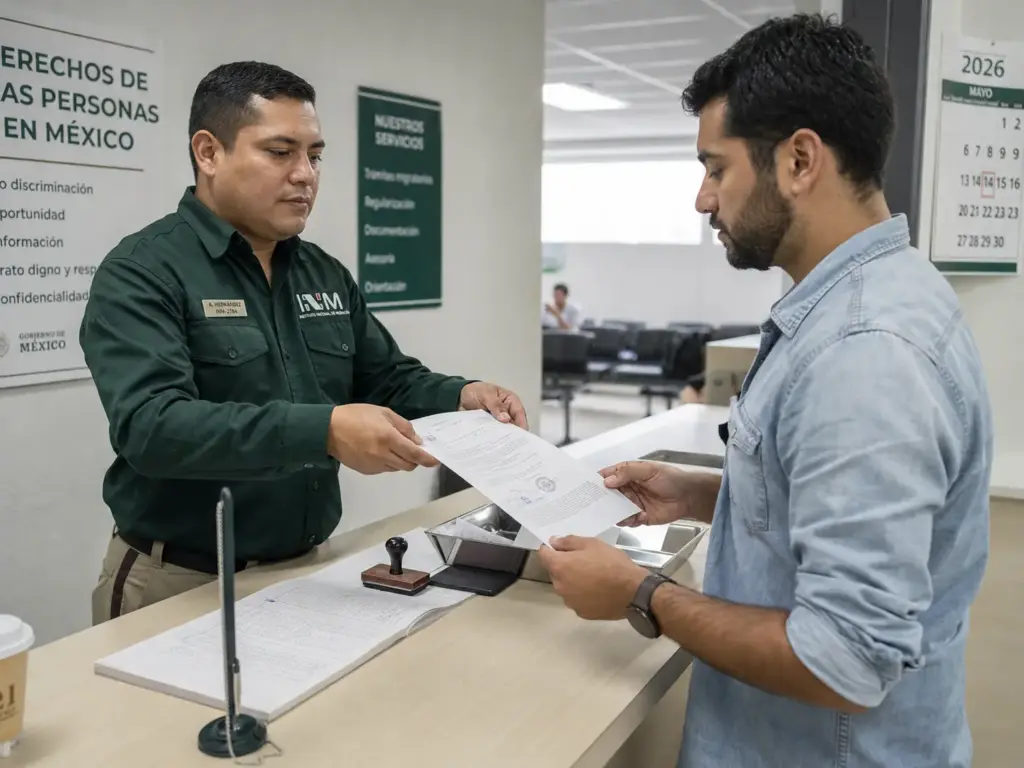 Derechos de los Migrantes que el INM No Te Explica 2 Agente del INM entregando una notificación por escrito a un hombre extranjero en una oficina migratoria