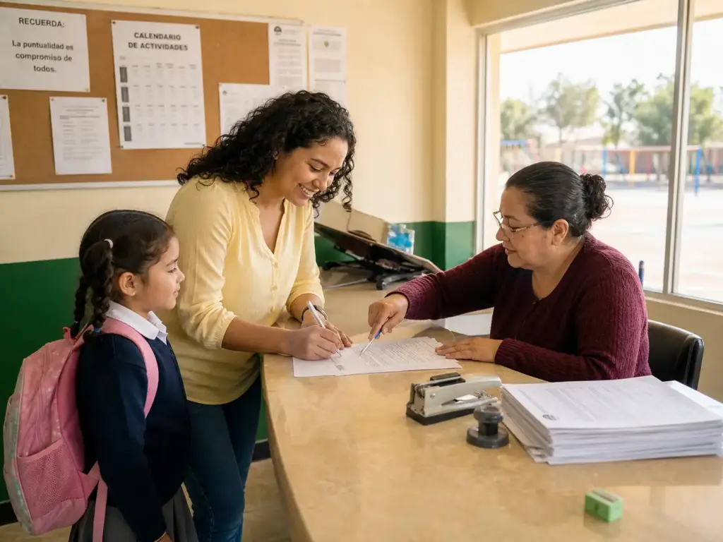 Derechos de los Migrantes que el INM No Te Explica 4 Madre migrante inscribiendo a su hija en una escuela pública mexicana sin documentos migratorios