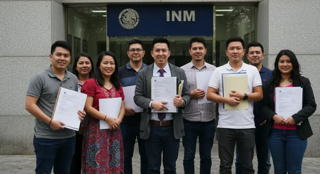 Cómo Realizar Trámites en el INM: Evita Errores Comunes 1 Grupo diverso de personas afuera de la oficina del INM en México, listos para iniciar su trámite migratorio.