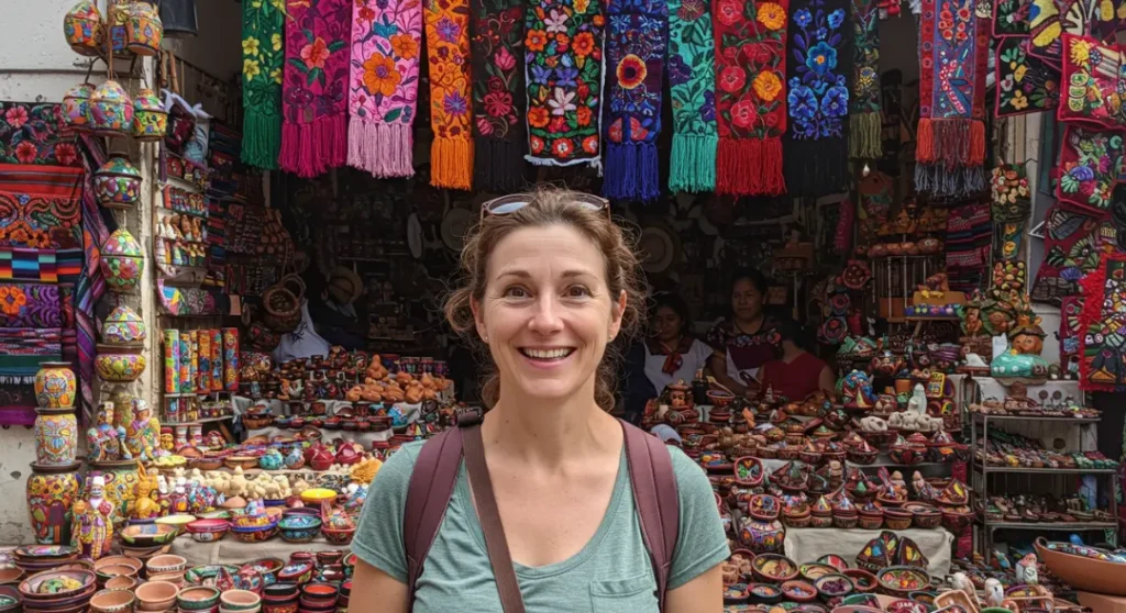 Viajero sosteniendo un pasaporte con sello de visa mexicana frente a un colorido mercado mexicano.